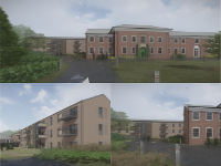 Collage of images showing plans for Neuadd Maldwyn in Welshpool