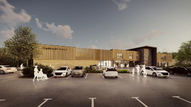 Image of the proposed design of the Front of the new school at Cedewain, Newtown