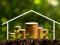 Image of money growing from soil with a house outline background
