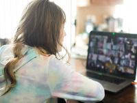 Image of a woman on an online video call with a group of people
