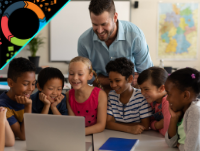 Image of pupils and teacher looking at a laptop