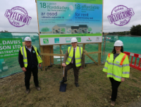 Cllr. Iain McIntosh (centre) (left) Martin Jones, Health and Safety Advisor for contractors R.L. Davies and (right) Nina Davies,