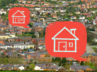 Image of Newtown with two red speech bubbles containing house icons