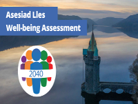 Image of reservoir with PSB 2040 logo and text saying "asesiad lles wellbeing assessment" in the foreground