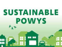 An image with buildings, cars and trees alongside the headline: "Sustainable Powys".