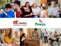 Images of people caring for family with the employers for carers and powys council logos