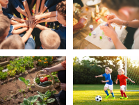 Image of kids playing sports, gardening, arts and crafts and a group of children