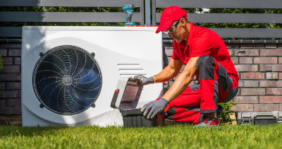 A man kneeling in front of a Heat Source Pump