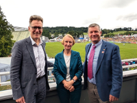 Image of Cllr Jake Berriman, Leader of Powys County Council, Wales Office Minister Dame Nia Griffith, and Cllr Bryan Davies, Leader of Ceredigion County Council