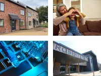 Image of an adult and a child. housing, broadband and a school
