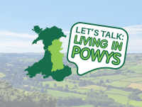 Speech bubble with Lets Talk Living in Powys on a background of a Powys landscape