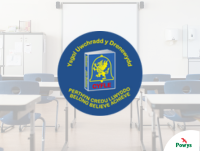 Image of Powys County Council and Newtown High School logos with a classroom in the background