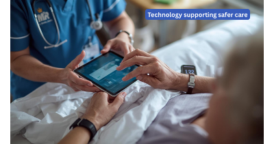 A nurse showing a patient some information on an ipad screen