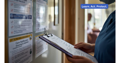 A nurse looking at information on a notice board and holding a clip board