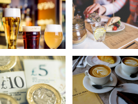 Image of drinks from a café, pub and restaurant along with new British money