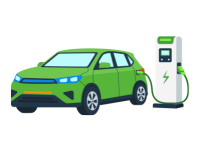 Green electric car at a charging point