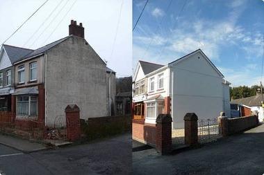 Image of the gable end of a house before and after it has been restored