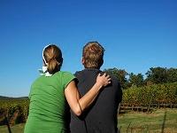 Image of a man and a woman looking up at blue sky